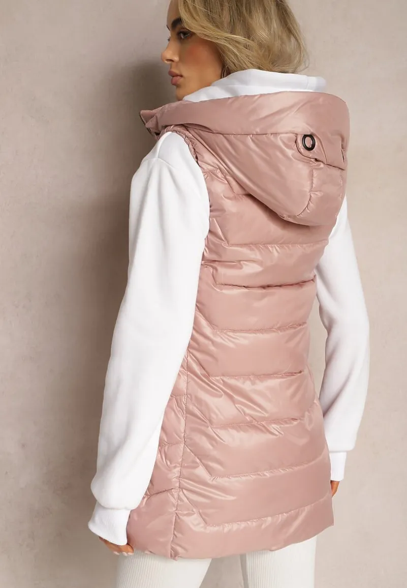 Różowa Pikowana Kamizelka Długa z Kapturem Odpinanym Raelliana