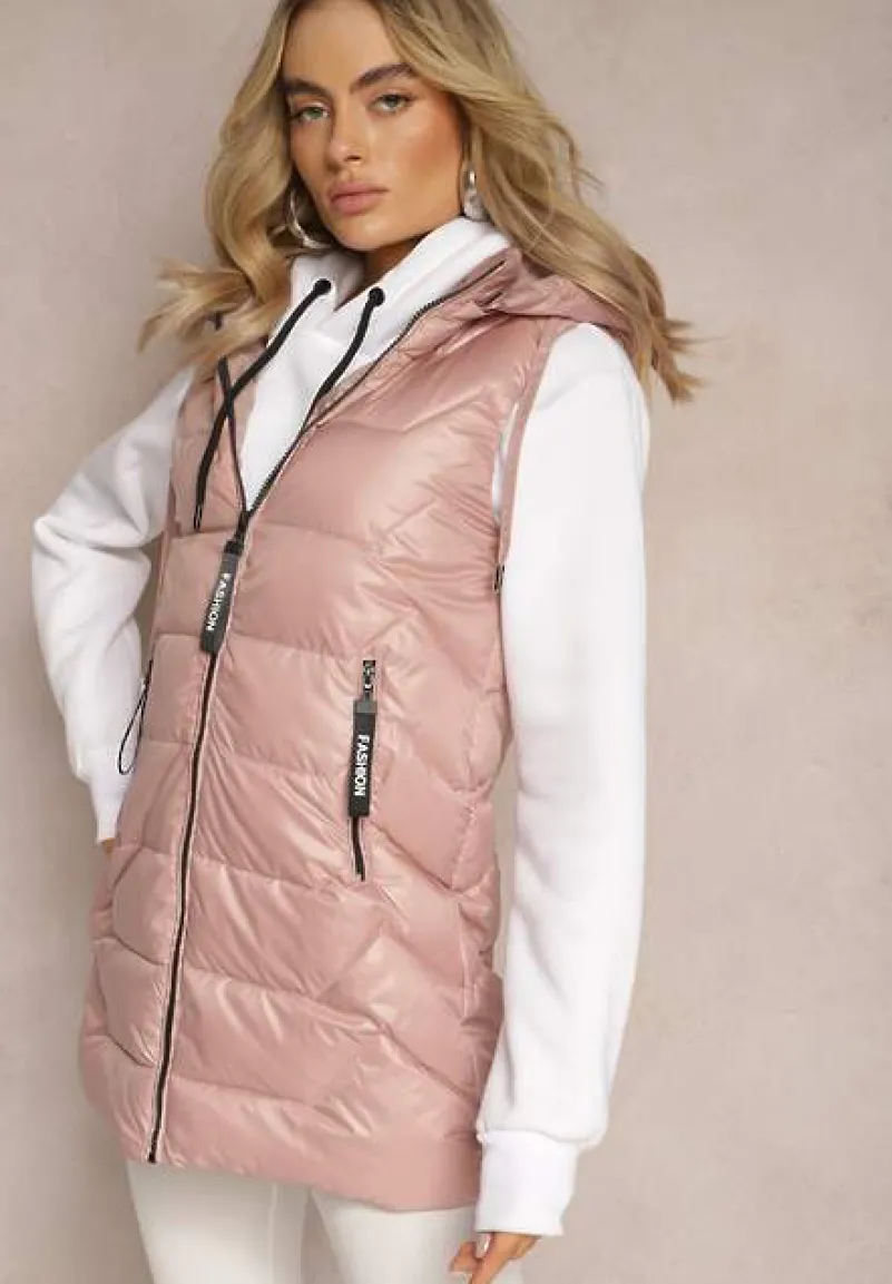 Różowa Pikowana Kamizelka Długa z Kapturem Odpinanym Raelliana