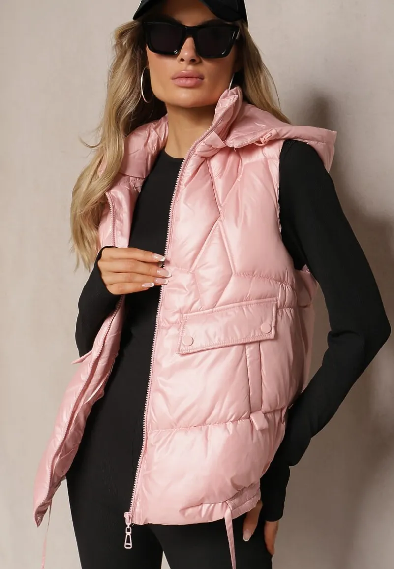 Różowa Pikowana Kamizelka z Troczkami i Odpinanym Kapturem Arrelarra