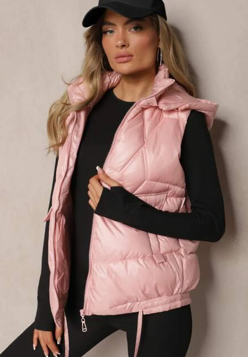 Różowa Pikowana Kamizelka z Troczkami i Odpinanym Kapturem Arrelarra