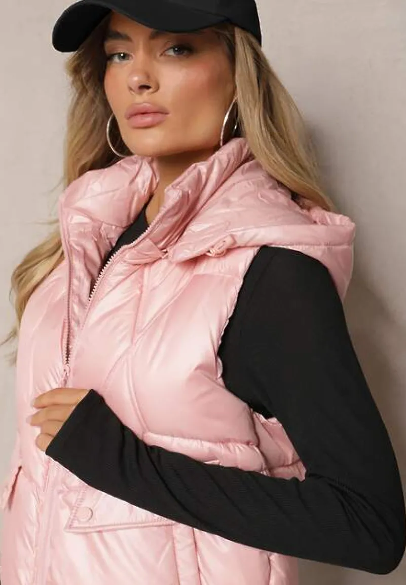 Różowa Pikowana Kamizelka z Troczkami i Odpinanym Kapturem Arrelarra