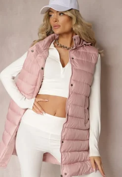 Różowa Pikowana Kamizelka z Kieszeniami i Kapturem i Ozdobnymi Suwakami na Dole Culvena