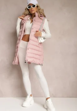Różowa Pikowana Kamizelka z Kieszeniami i Kapturem i Ozdobnymi Suwakami na Dole Culvena