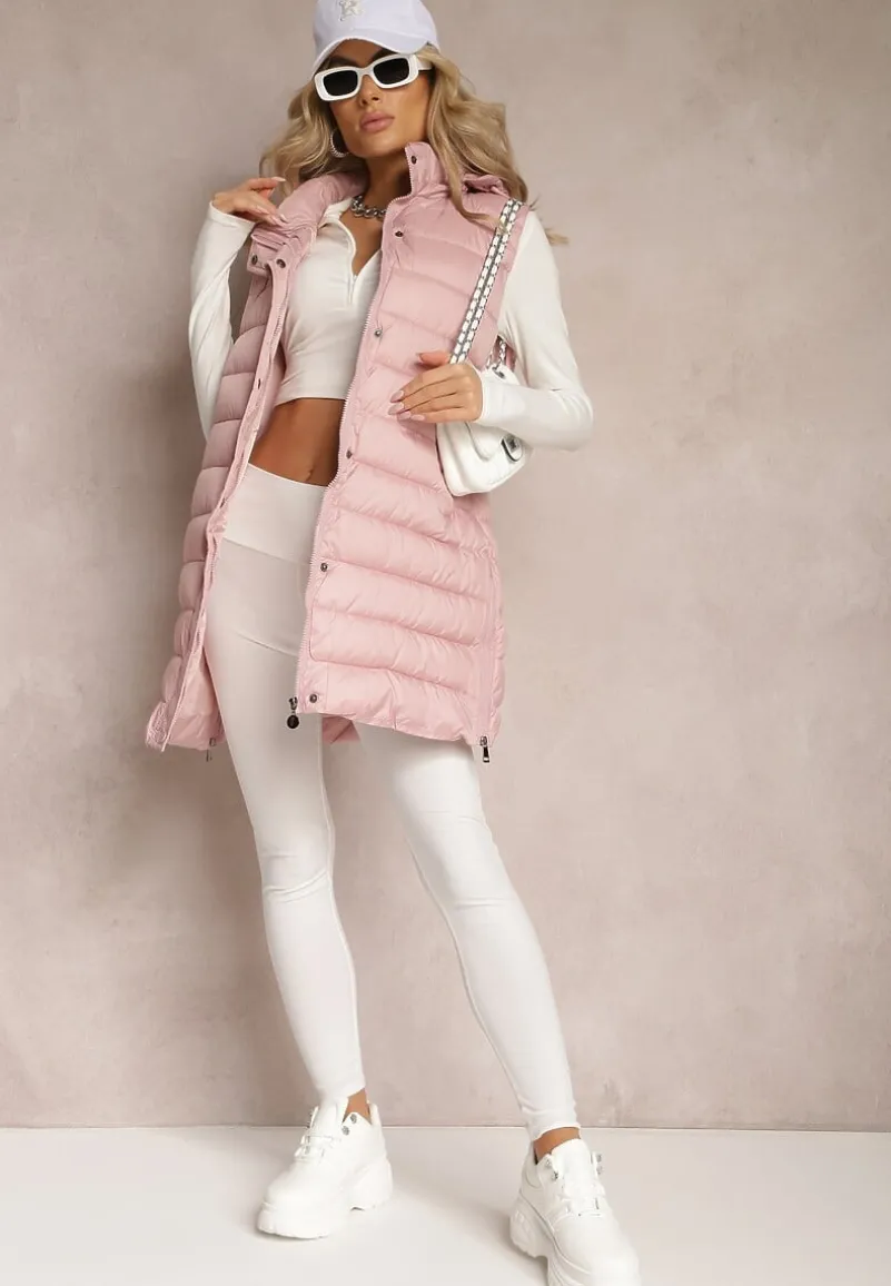 Różowa Pikowana Kamizelka z Kieszeniami i Kapturem i Ozdobnymi Suwakami na Dole Culvena