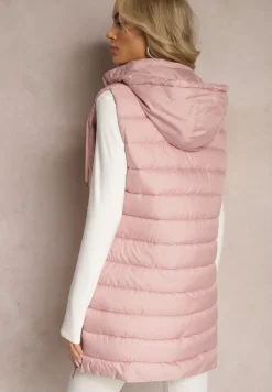 Różowa Pikowana Kamizelka z Kieszeniami i Kapturem i Ozdobnymi Suwakami na Dole Culvena
