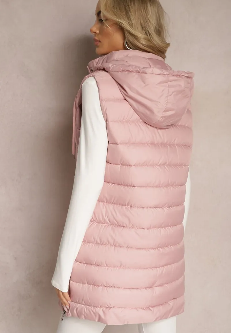 Różowa Pikowana Kamizelka z Kieszeniami i Kapturem i Ozdobnymi Suwakami na Dole Culvena
