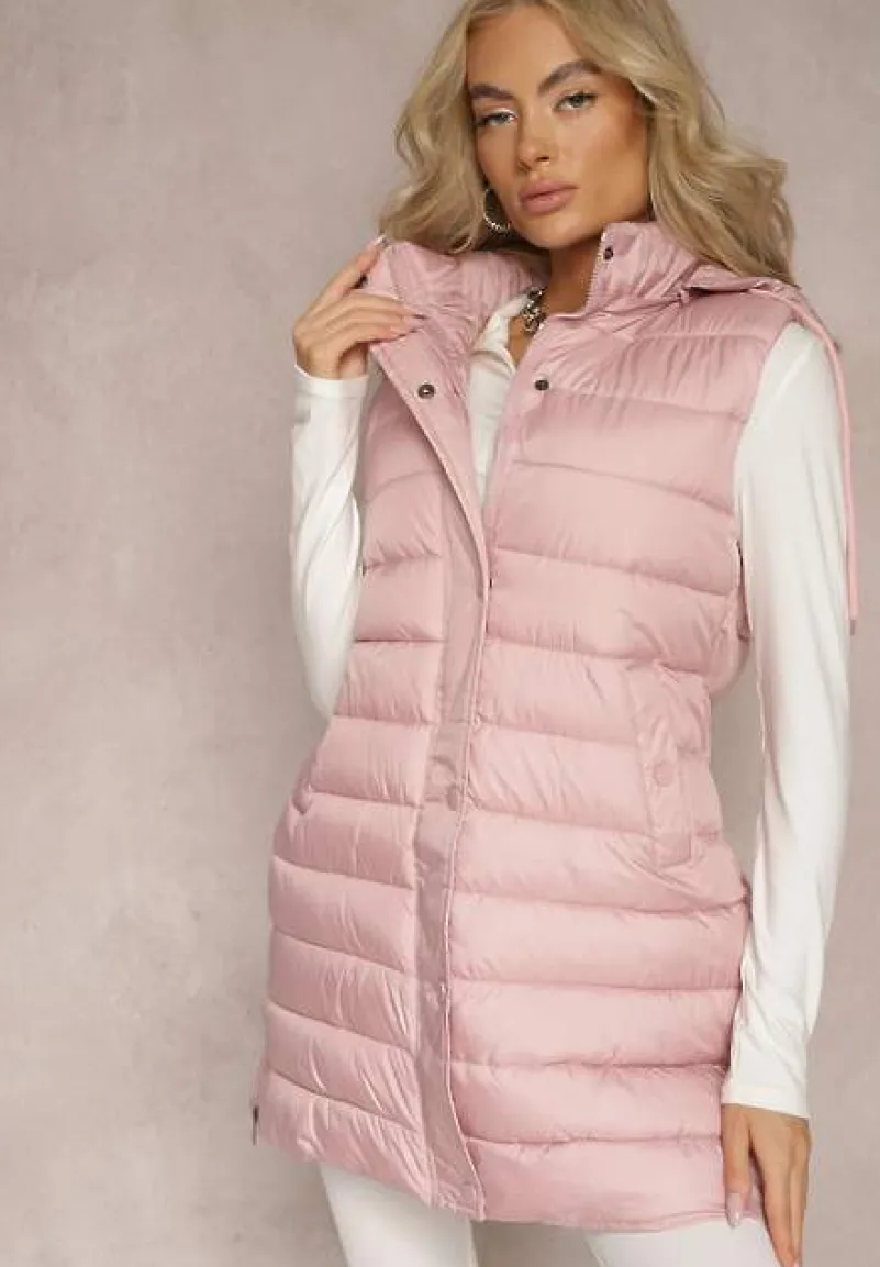 Różowa Pikowana Kamizelka z Kieszeniami i Kapturem i Ozdobnymi Suwakami na Dole Culvena