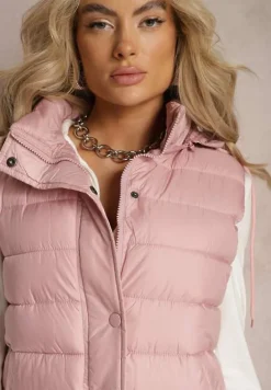 Różowa Pikowana Kamizelka z Kieszeniami i Kapturem i Ozdobnymi Suwakami na Dole Culvena