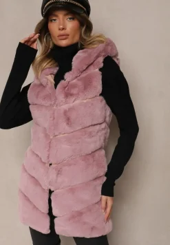 Różowa Pikowana Kamizelka z Futerkiem i Kapturem Weccaria