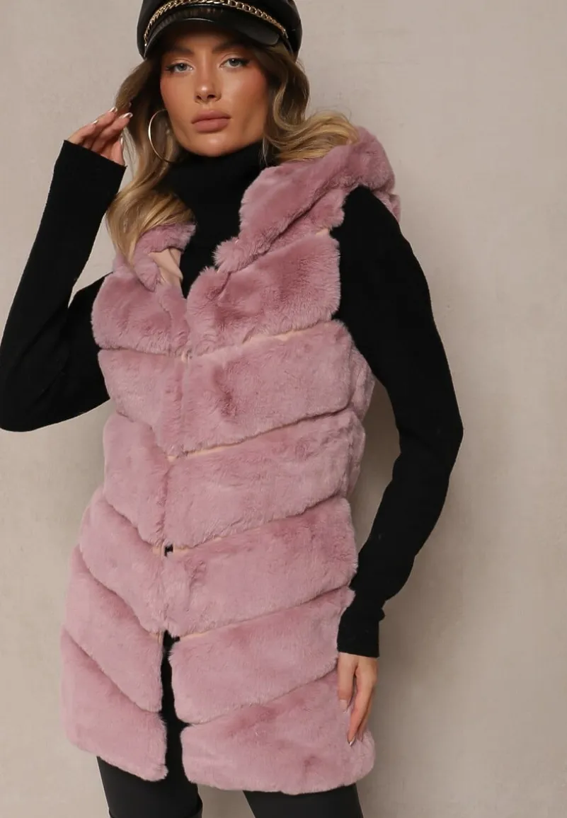 Różowa Pikowana Kamizelka z Futerkiem i Kapturem Weccaria