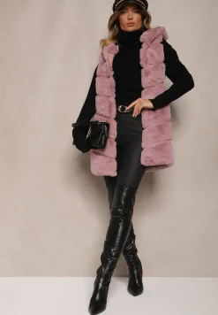 Różowa Pikowana Kamizelka z Futerkiem i Kapturem Weccaria