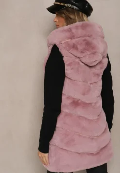 Różowa Pikowana Kamizelka z Futerkiem i Kapturem Weccaria