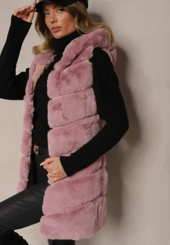 Różowa Pikowana Kamizelka z Futerkiem i Kapturem Weccaria