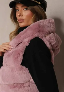 Różowa Pikowana Kamizelka z Futerkiem i Kapturem Weccaria