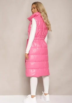 Różowa Pikowana Kamizelka z Ekoskóry o Długim Fasonie z Paskiem Atirit