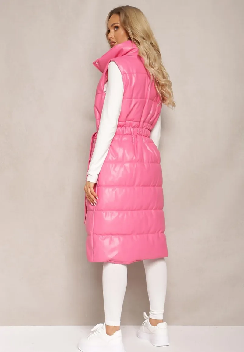 Różowa Pikowana Kamizelka z Ekoskóry o Długim Fasonie z Paskiem Atirit