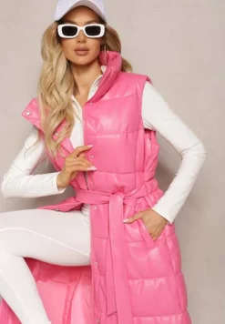 Różowa Pikowana Kamizelka z Ekoskóry o Długim Fasonie z Paskiem Atirit