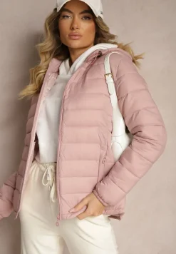 Różowa Pikowana Kurtka o Prostym Kroju z Odpinanym Kapturem i Kieszeniami Labrissa