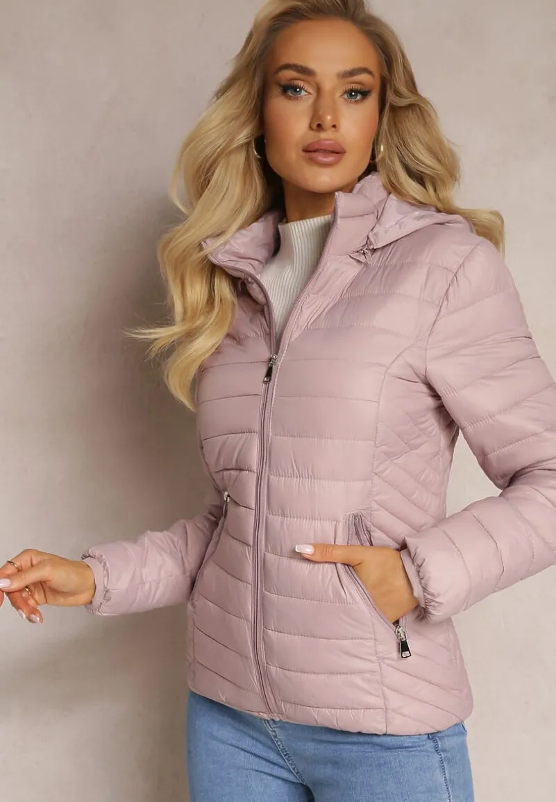 Różowa Pikowana Kurtka z Odpinanym Kapturem Sissata