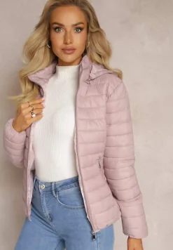 Różowa Pikowana Kurtka z Odpinanym Kapturem Sissata