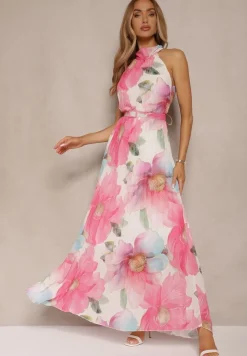 Różowa Plisowana Sukienka z Wiązaniem i Paskiem z Klamrą Nitolia