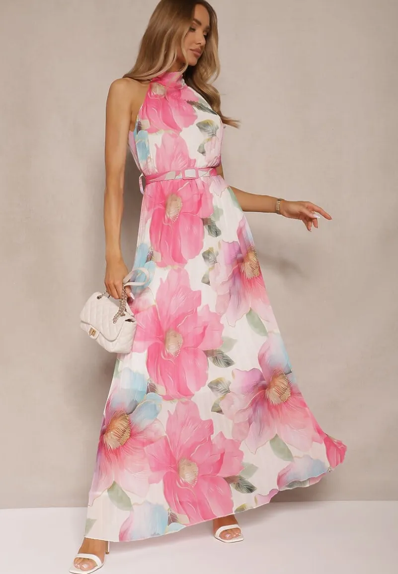 Różowa Plisowana Sukienka z Wiązaniem i Paskiem z Klamrą Nitolia