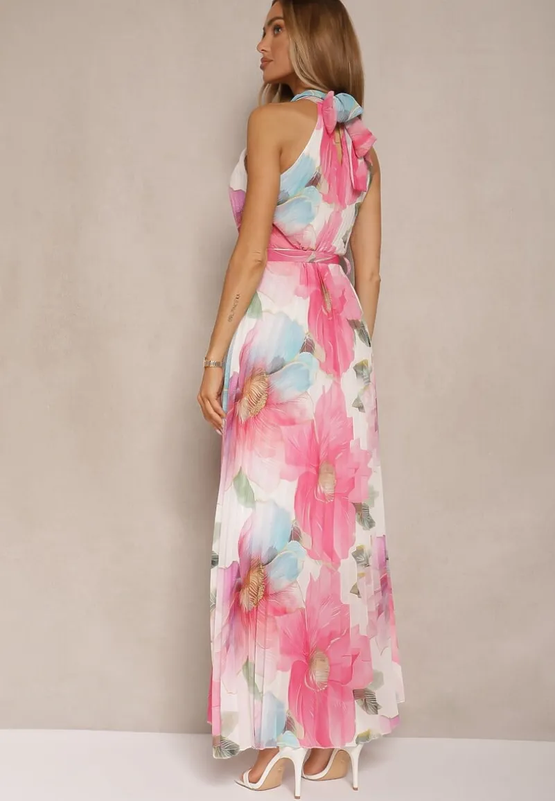 Różowa Plisowana Sukienka z Wiązaniem i Paskiem z Klamrą Nitolia