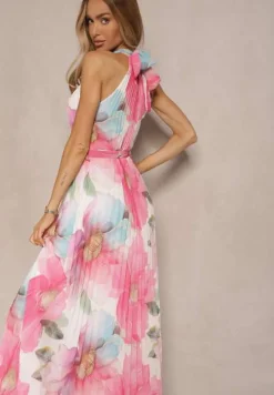 Różowa Plisowana Sukienka z Wiązaniem i Paskiem z Klamrą Nitolia