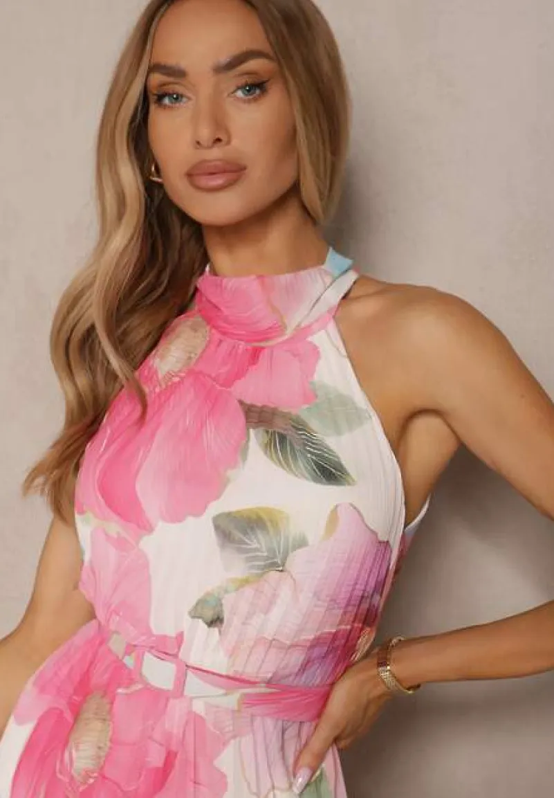 Różowa Plisowana Sukienka z Wiązaniem i Paskiem z Klamrą Nitolia