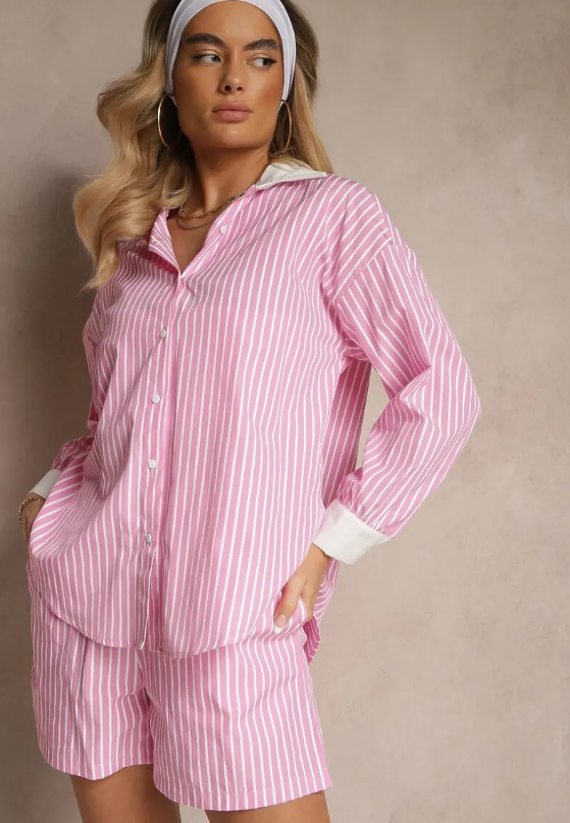 Różowa Prążkowana Koszula o Fasonie Oversize z Kontrastowymi Wstawkami Onelira