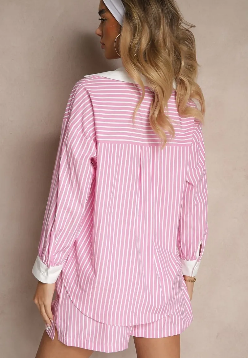 Różowa Prążkowana Koszula o Fasonie Oversize z Kontrastowymi Wstawkami Onelira