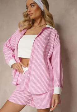 Różowa Prążkowana Koszula o Fasonie Oversize z Kontrastowymi Wstawkami Onelira