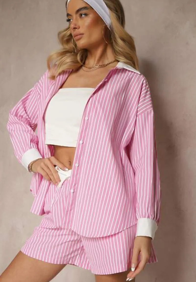 Różowa Prążkowana Koszula o Fasonie Oversize z Kontrastowymi Wstawkami Onelira