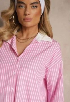 Różowa Prążkowana Koszula o Fasonie Oversize z Kontrastowymi Wstawkami Onelira