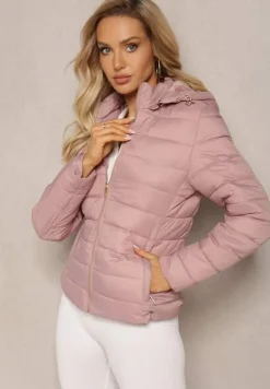 Różowa Przejściowa Kurtka z Odpinanym Kapturem i Pikowaniem Okluma