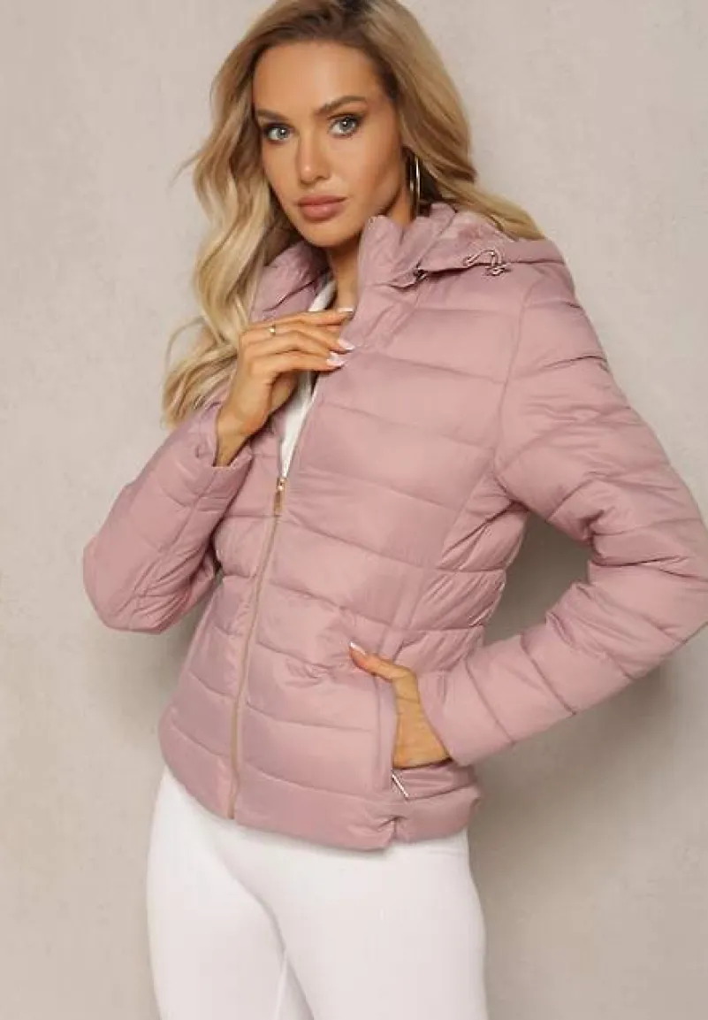 Różowa Przejściowa Kurtka z Odpinanym Kapturem i Pikowaniem Okluma