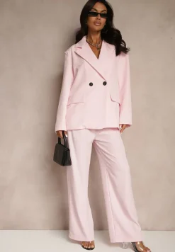 Różowa Pudełkowa Marynarka Oversize o Dwurzędowym Fasonie Kositia