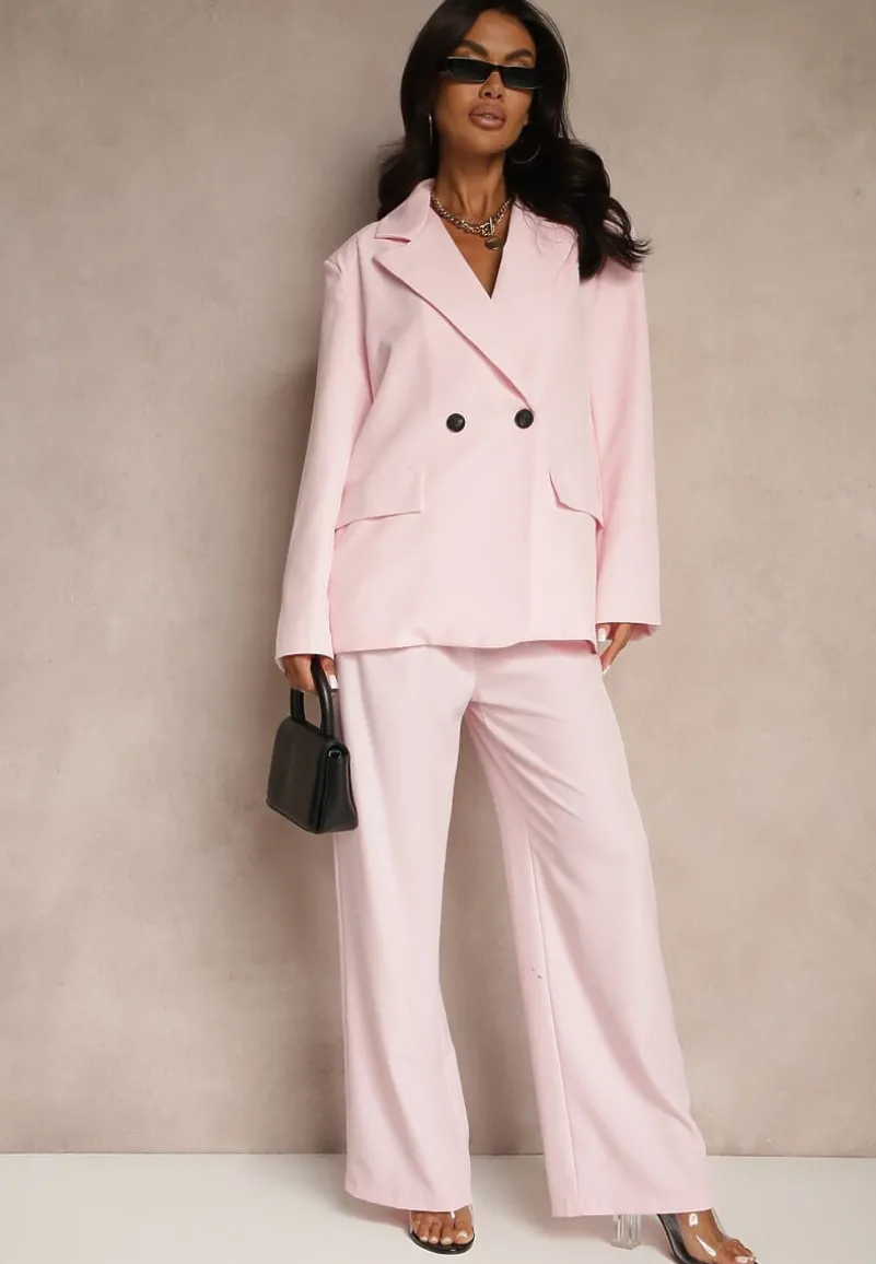 Różowa Pudełkowa Marynarka Oversize o Dwurzędowym Fasonie Kositia