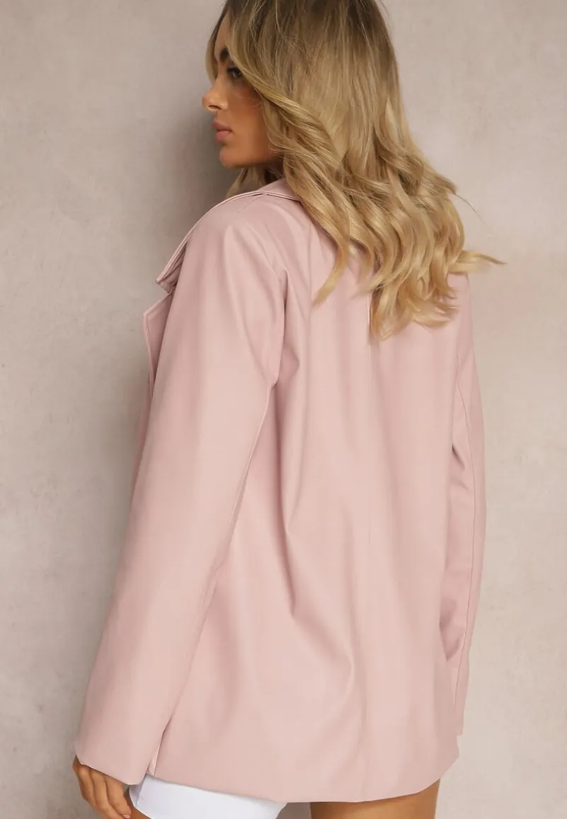 Różowa Pudełkowa Marynarka z Ekoskóry Niezapinana z Poduszkami w Ramionach Suniya