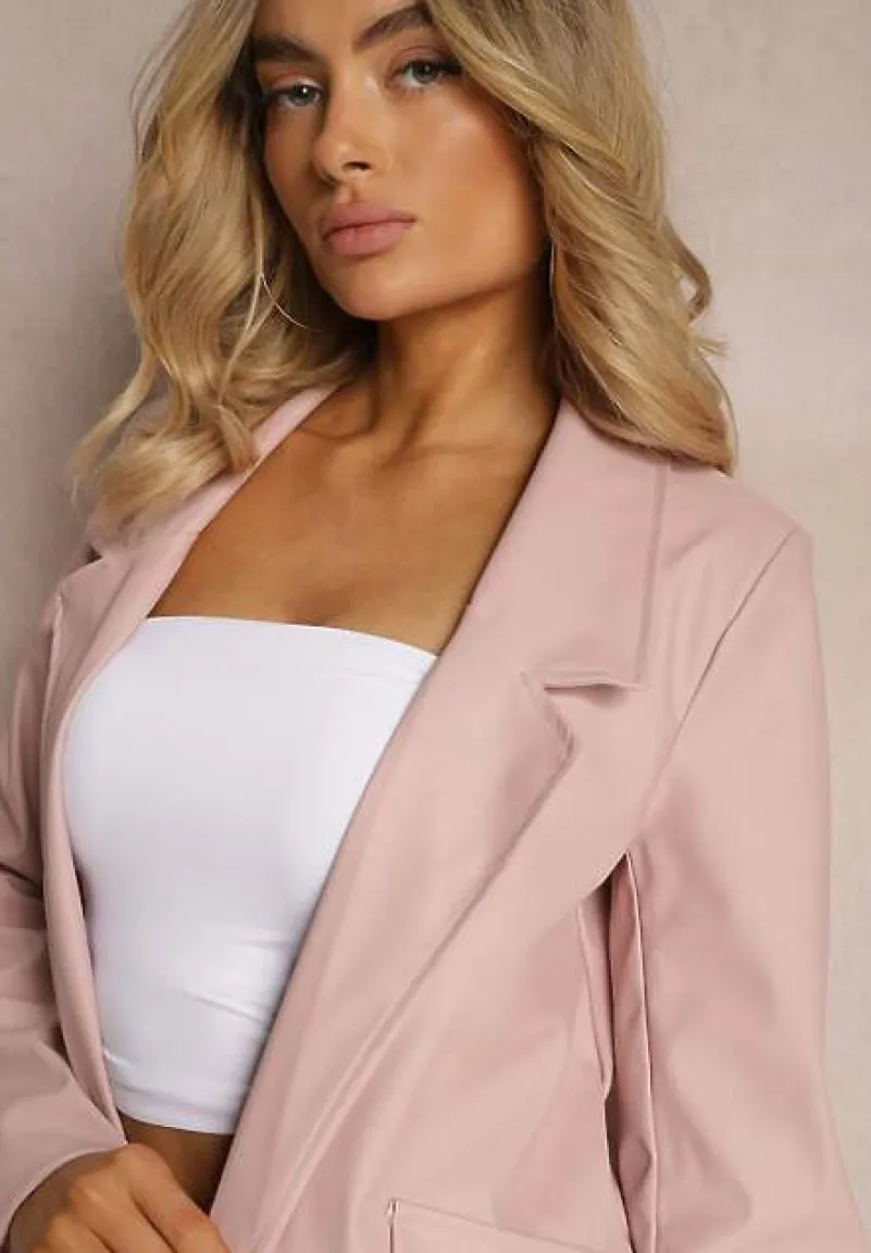 Różowa Pudełkowa Marynarka z Ekoskóry Niezapinana z Poduszkami w Ramionach Suniya