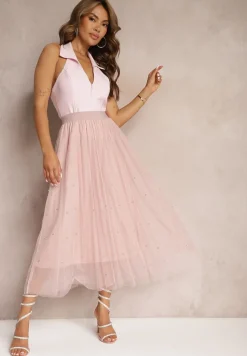 Różowa Rozkloszowana Plisowana Spódnica z Tiulu Wykończona z Przodu Cyrkoniami i Gumką w Talii Missarla