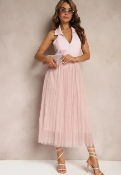 Różowa Rozkloszowana Plisowana Spódnica z Tiulu Wykończona z Przodu Cyrkoniami i Gumką w Talii Missarla