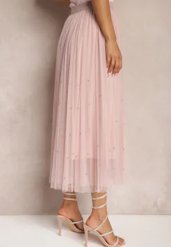 Różowa Rozkloszowana Plisowana Spódnica z Tiulu Wykończona z Przodu Cyrkoniami i Gumką w Talii Missarla