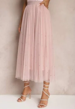 Różowa Rozkloszowana Plisowana Spódnica z Tiulu Wykończona z Przodu Cyrkoniami i Gumką w Talii Missarla