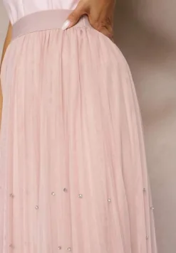 Różowa Rozkloszowana Plisowana Spódnica z Tiulu Wykończona z Przodu Cyrkoniami i Gumką w Talii Missarla