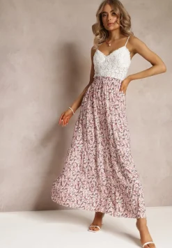 Różowa Rozkloszowana Spódnica Maxi w Kwiaty Dethuj