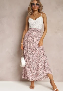 Różowa Rozkloszowana Spódnica Maxi w Kwiaty Dethuj