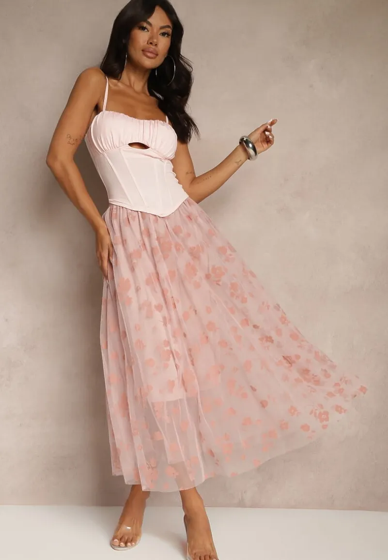 Różowa Rozkloszowana Spódnica Tiulowa Zdobiona Welurowym Printem w Kwiaty Folisena