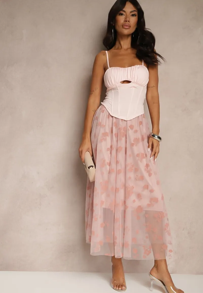 Różowa Rozkloszowana Spódnica Tiulowa Zdobiona Welurowym Printem w Kwiaty Folisena