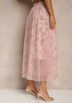 Różowa Rozkloszowana Spódnica Tiulowa Zdobiona Welurowym Printem w Kwiaty Folisena
